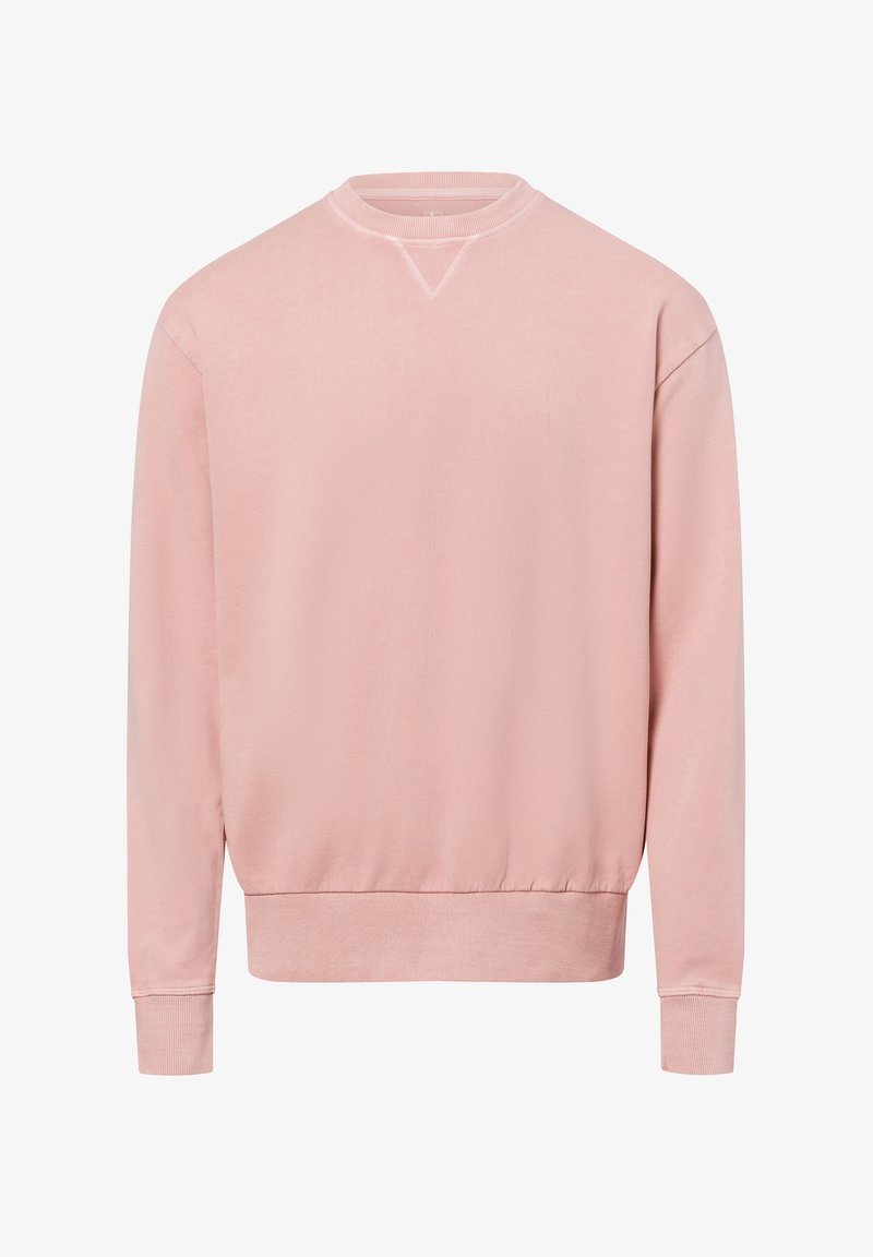 Light pink crewneck sweatshirt, made of soft fabric, featuring ribbed cuffs, a wide hem, and a subtle v-stitch detail at the neckline.