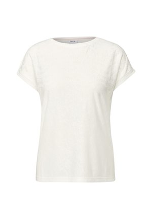 Biała koszulka z krótkim rękawem z teksturowanym wzorem z przodu, okrągłym dekoltem i miękkim materiałem dla wygody.