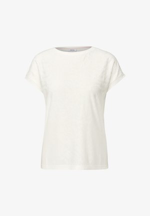 Biała koszulka z krótkim rękawem z teksturowanym wzorem z przodu, okrągłym dekoltem i miękkim materiałem dla wygody.