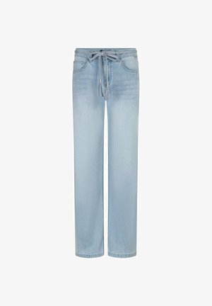 Lichtblauwe jeans met rechte pijpen, voorzakken en een gevlochten koordriem die in de taille is gestrikt.