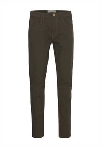Pantalones de algodón marrón con corte slim, que cuentan con cinco bolsillos, cremallera y costuras doradas. Textura suave sin patrones visibles.