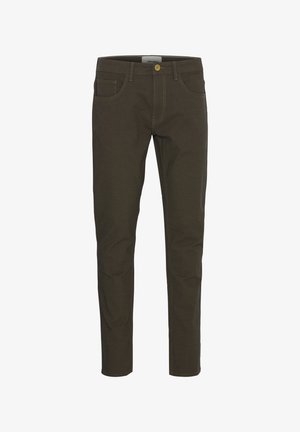 Brūnas kokvilnas bikses ar slaidu piegriezumu, kurām ir piecas kabatas, rāvējslēdzējs un zelta izvīļojums. Gluda tekstūra bez redzamām rakstainēm.