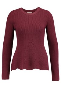 Maglione lavorato a maglia a maniche lunghe di un rosso scuro, con scollo rotondo e motivo testurizzato sulla parte anteriore, leggermente svasato in fondo.
