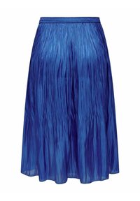 Hameau midi laskotettu kiiltävästä koobaltinsinisestä kankaasta. Ominaisuuksiin kuuluu joustava vyötärö ja virtaava, kerroksellinen muotoilu, jossa on pystykuvioita.