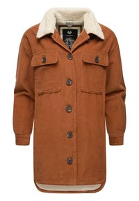 Korduroy jack in gebrandoranje met een faux-shearling kraag, voorzien van twee borstzakken, knoopsluiting en lange mouwen.
