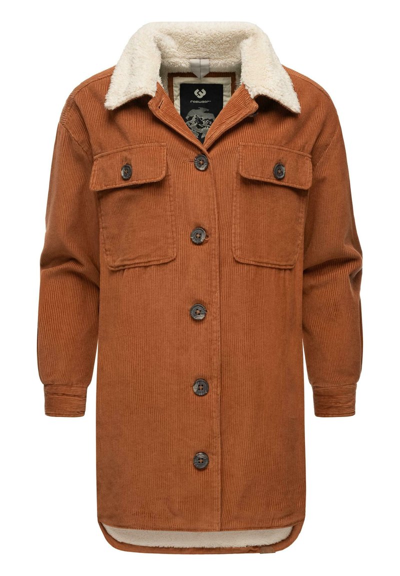 Korduroy jack in gebrandoranje met een faux-shearling kraag, voorzien van twee borstzakken, knoopsluiting en lange mouwen.