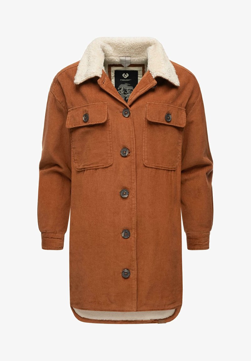 Kordūra jaka sarkanbrūnā krāsā ar mākslīgo vilnu apkakli, ar divām krūšu kabatām, pogu aizdari un garām piedurknēm.