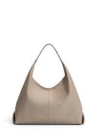 Beige Leder Hobo-Tasche mit weicher Textur, gewölbtem Oberteil und breitem Griff. Verfügt über zwei abgerundete Enden und ein minimalistisches Design.