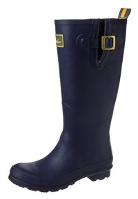 Botte de pluie en caoutchouc bleu marine avec une semelle texturée, détail de boucle et languette. Design supérieur lisse pour un enfilage facile et une résistance à l'eau.