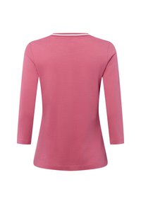 Pink long-sleeve t-shirt with a round neck, soft cotton material, straight cut, and simple hem finish. No patterns or embellishments.