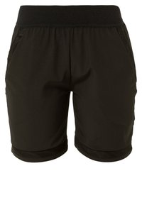 Shorts de sport noirs avec taille élastique, poches latérales et bordure en mesh sur les poches et les ouvertures des jambes, présentés sur fond blanc.