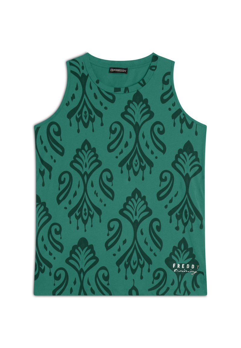 Top senza maniche verde con un motivo ornato verde scuro. Presenta un collo rotondo e un piccolo logo bianco in basso a destra.