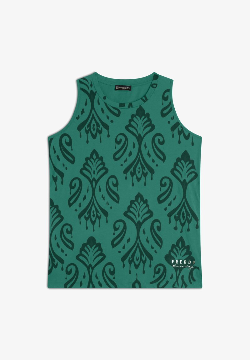 Top sin mangas verde con un patrón ornamental verde oscuro. Presenta un escote redondo y un pequeño logo blanco en la parte inferior derecha.