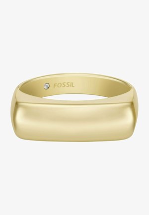 Gold-tone metal ring with a smooth, rounded design and a small diamond accent. Inside engraved with the brand name "Fossil."