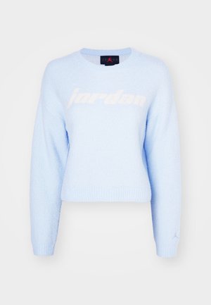 Helles blaues, cropped Sweatshirt aus weichem, strukturiertem Stoff. Es hat ein großes, weißes "jordan"-Logo auf der Vorderseite und ein kleines Logo am Ärmel.