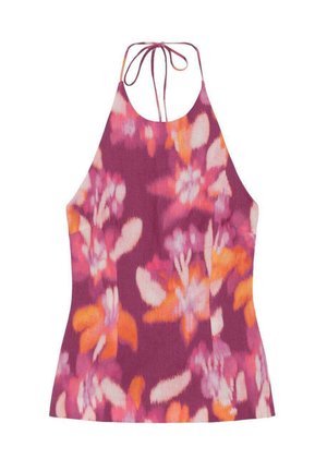 Top morado de escote halter con estampado floral en rosa, naranja y blanco y tirantes finos atados al cuello.