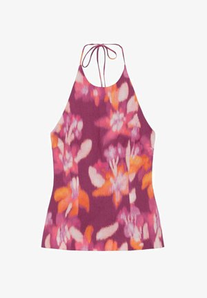 Top mov cu guler halter cu model floral roz, portocaliu și alb și bretele subțiri legate la gât.