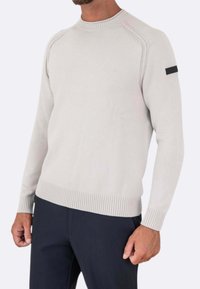 Maglione grigio chiaro in tessuto lavorato a maglia, con scollo rotondo, polsini a costine e un accento orizzontale nero sulla manica.