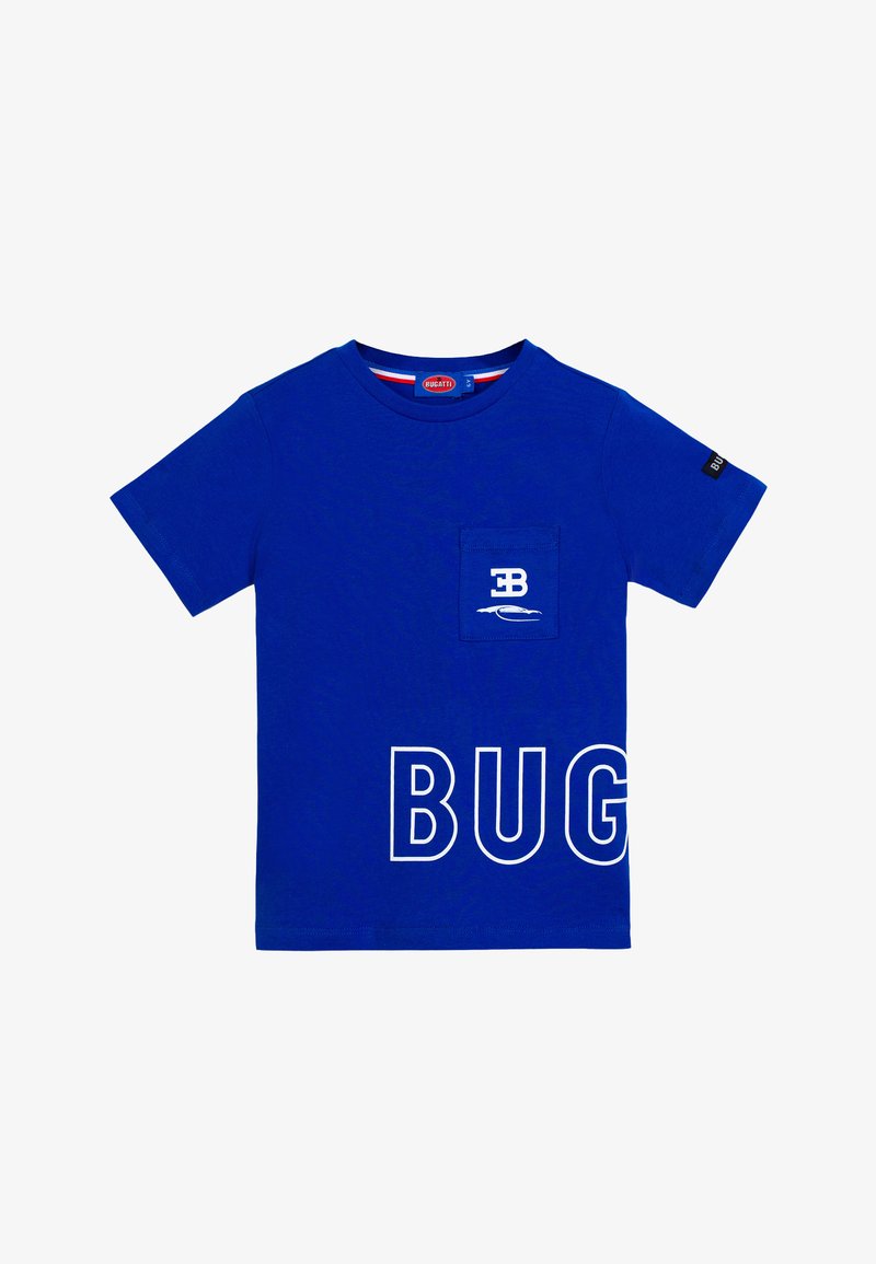 Maglietta blu a maniche corte con tasca frontale, logo bianco "EB" e silhouette di un'auto sulla tasca, e grande scritta bianca "BUG" vicino all'orlo.