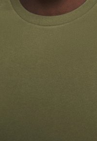 Oliveově zelené tričko s krátkým rukávem vyrobené z měkké bavlny, s kulatým výstřihem a hladkým, rovnoměrným povrchem bez vzorů a ozdob.