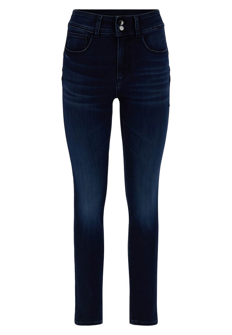 Dunkelblaue Skinny Jeans aus Denim mit glatter Textur, ausgestattet mit einem Knopf- und Reißverschluss, Gürtelschlaufen und Fronttaschen.