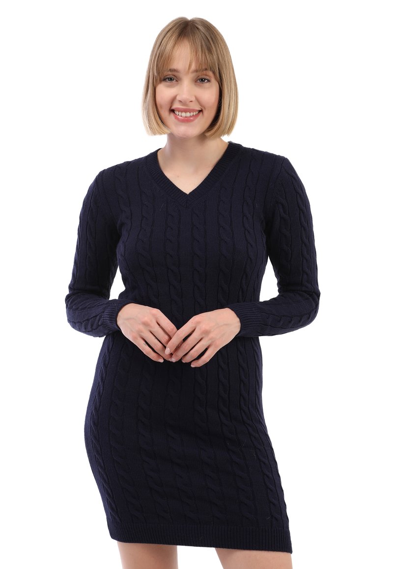 Abito in maglia cable-knit blu navy con maniche lunghe, scollatura a V, polsini e orlo a costine, caratterizzato da un motivo testurizzato su tutta la superficie.