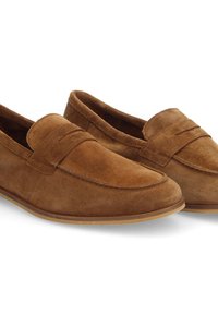 Suede-Loafer in einem satten Braunton, mit einer gestickten Akzentuierung am Blatt und einer glatten Gummisohle für Flexibilität.