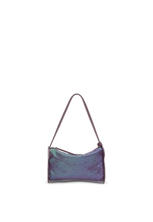 Pequeño bolso morado iridiscente con una única correa y un cierre superior con cremallera, mostrado sobre un fondo blanco.