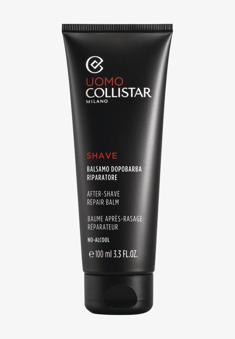 Tubetto nero del balsamo riparatore dopobarba Collistar Uomo Milano, 100 ml, senza alcol, con testo in italiano, inglese e francese.