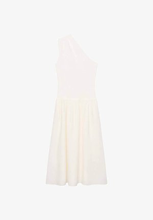 Einstöckiges, knielanges Kleid in Creme, aus leichtem Stoff gefertigt, mit figurnahem Oberteil und fließendem Rock.