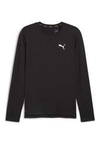 Schwarzes Langarmshirt aus glattem Stoff, mit rundem Halsausschnitt und einem weißen Puma-Logo auf der Brust. Einfaches Design, keine Muster.