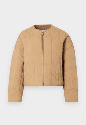 Beige quilted jacket with a high neckline, full front zipper, and long sleeves. Features a geometric diamond pattern throughout.