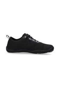 Schwarze Sportschuhe mit einem glatten, flexiblen Obermaterial, strukturiertem Sohlen und minimalem Schnürsystem. Verfügt über eine Zuglasche für einfaches Anziehen.