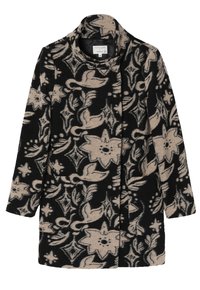 Abrigo estampado en colores negro y marrón, hecho de una tela texturizada. Cuenta con un cuello alto, motivos florales y una silueta recta.