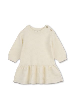 Robe bébé à manches longues de couleur crème avec ourlet à volants et deux petits boutons sur l'épaule gauche.