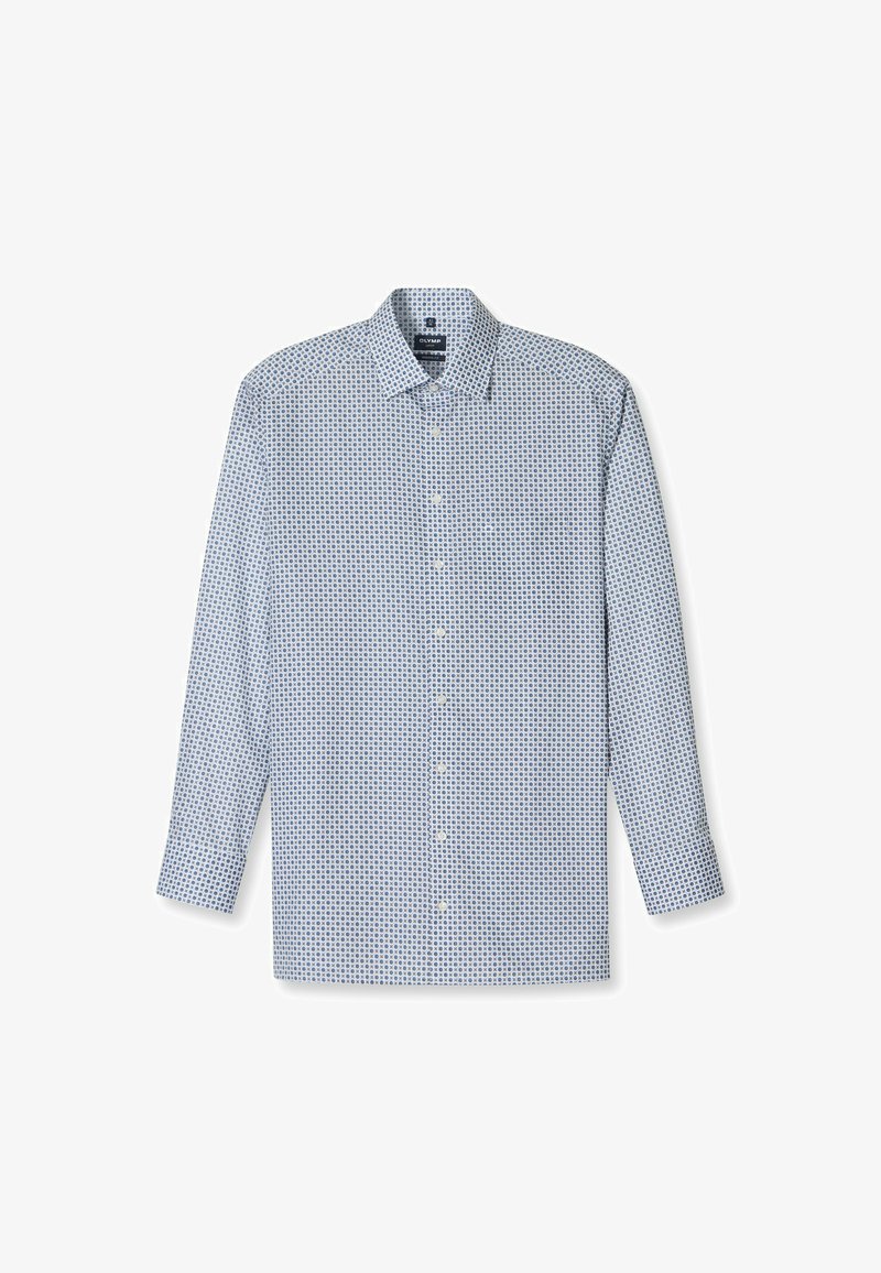 Camicia a maniche lunghe con base blu chiaro, decorata con cerchi blu scuro. Presenta un colletto classico e chiusura con bottoni.