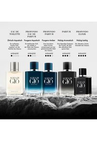 Cinque flaconi di fragranza Acqua di Giò con descrizioni in tedesco e valutazioni di intensità, esposti su una superficie di pietra strutturata.