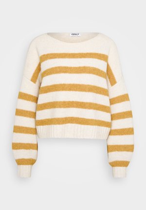 Pulover tricotat în dungi de culoare crem și muștar, cu mâneci lungi tip balon și tivuri și manșete ribbate, guler rotund.