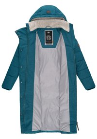 Teal padded coat with a faux fur-lined hood, featuring a smooth gray interior, zipper, and snap button closure.