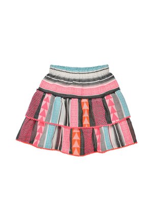 Mehrlagiger Rock mit elastischem Bund, der bunte geometrische und gestreifte Muster in Pink, Orange, Blau, Schwarz und Weiß aufweist.