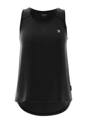 Black athletic tank top with a ribbed fabric texture, rounded hem, and small logo on the front right. Made of lightweight, breathable material.