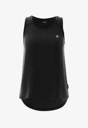 Zwarte sportieve tanktop van een ribbelstof, met een ronde onderkant en een klein logo op de rechter voorkant. Gemaakt van lichtgewicht, ademend materiaal.