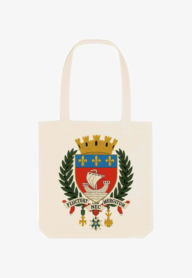 Sac en toile beige avec un blason brodé représentant un navire, une couronne et des feuilles de laurier. Le texte sur la bannière indique "Fluctuat Nec Mergitur."