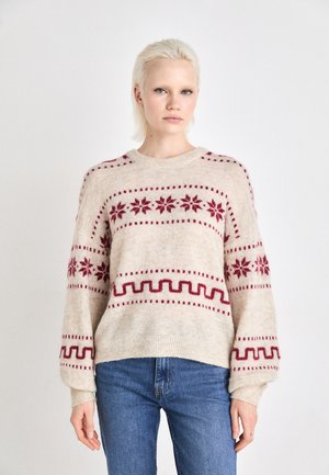 Knit sweater in beige wool with red floral patterns, geometric designs on sleeves, and a crew neck; lightly textured with a relaxed fit.