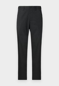 Pantalons gris foncé en tissu texturé avec une coupe droite, comportant deux poches avant et deux fermetures à boutons à la taille.