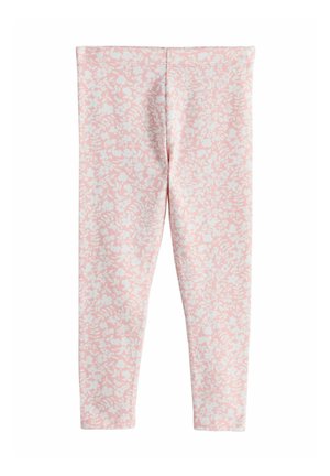 Pink leggings with a white floral pattern. Made from soft, stretchy fabric. Features an elastic waistband for comfort and easy wear.