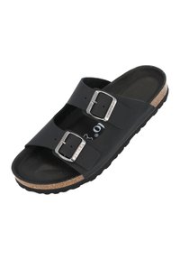 Svart slide sandal med två justerbara remmar med silverfärgade spännen, en korkfotbädd och en texturerad gummisula.