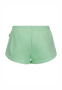 Shorts verde menta realizzati in tessuto liscio, con una vita alta e un orlo che si curva verso l'alto, con un dettaglio accentuato sul retro.