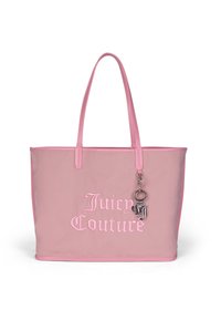 Borsa a spalla in nylon rosa con doppi manici, con logo ricamato "Juicy Couture" e un accento di portachiavi argentato. Texture liscia e forma strutturata.