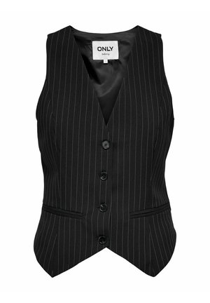 Schwarze Nadelstreifenweste mit tiefem V-Ausschnitt, fünf Knöpfen auf der Vorderseite und seitlichen Taschen, aus einem glatten Stoff mit tailliertem Schnitt.